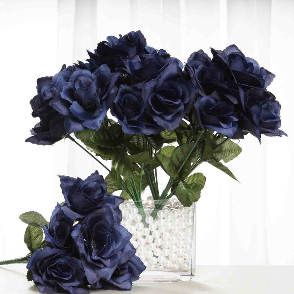 Small Open Rose Bush Artificial Silk Flowers - Navy Blue