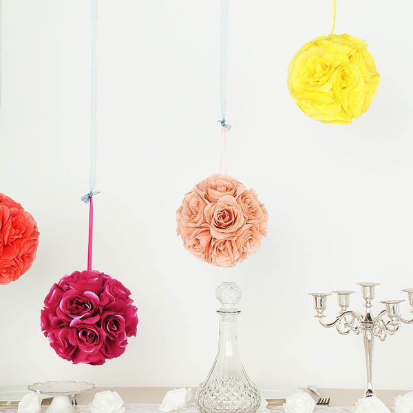 2 Pack | 7" Fuchsia Flower Ball Silk Rose Pomander Kissing Ball