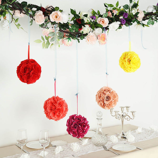 2 Pack | 7" Fuchsia Flower Ball Silk Rose Pomander Kissing Ball