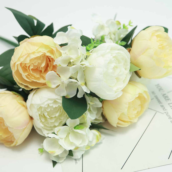 2 Bushes Light Yellow/White Peony And Hydrangea Artificial Silk Flower Bouquets