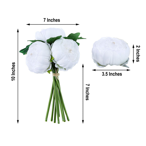10" Tall | 5 Heads Artificial White Silk Peonies, Peony Flower Bouquet