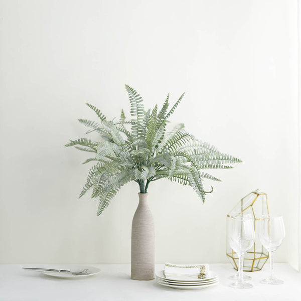 2 Bushes | 18Inch Artificial Boston Fern Leaf Stems, Faux Fern Plants Decor - Frosted Green