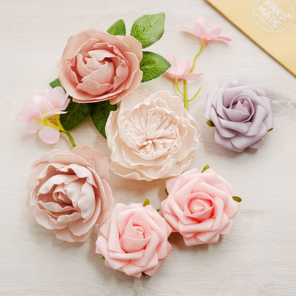 Artificial Roses, Peonies, Daisy & Hydrangea Mix Faux Flowers Box with Stem and Leaves