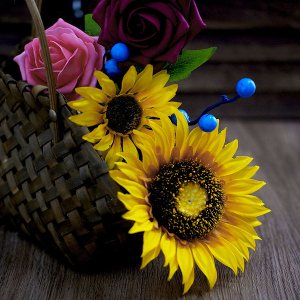 Artificial Silk Sunflowers & Foam Roses Mix Faux Flowers Box With Eucalyptus And Ivy Leaves