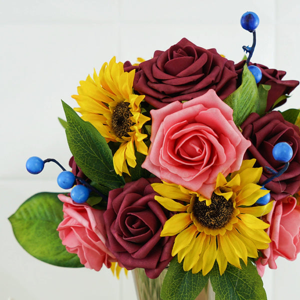 Artificial Silk Sunflowers & Foam Roses Mix Faux Flowers Box With Eucalyptus And Ivy Leaves