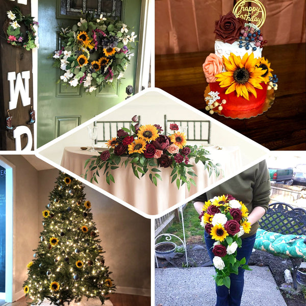 Artificial Silk Sunflowers & Foam Roses Mix Faux Flowers Box With Eucalyptus And Ivy Leaves