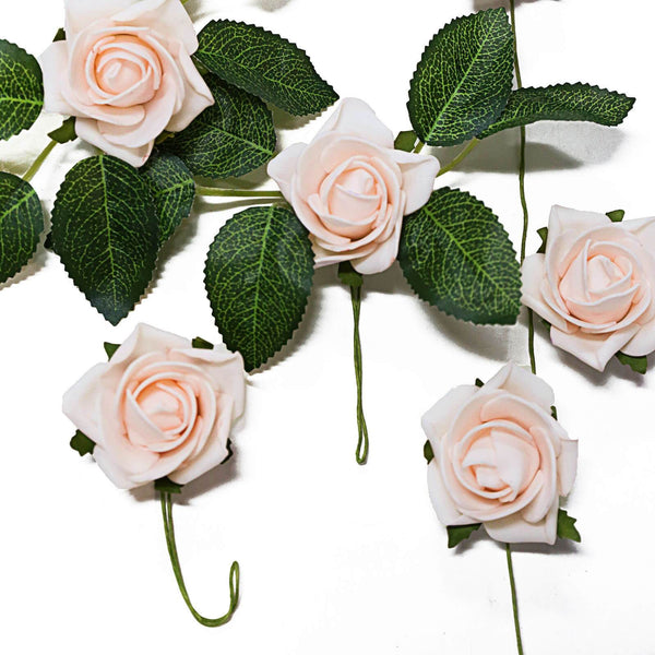 24 Pcs | 2inch Rose Gold/Blush Foam Rose With Stem And Leaves - 16 Colors