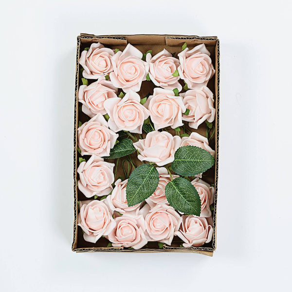 24 Pcs | 2inch Rose Gold/Blush Foam Rose With Stem And Leaves - 16 Colors