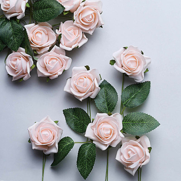 24 Pcs | 2inch Rose Gold/Blush Foam Rose With Stem And Leaves - 16 Colors
