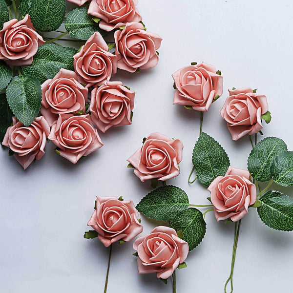 24 Roses | 2inch Dusty Rose Artificial Foam Rose With Stem And Leaves - 16 Colors