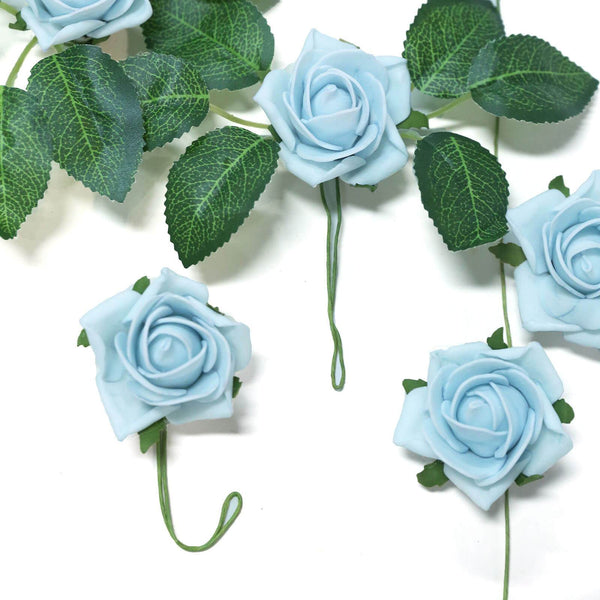 24 Roses | 2inch Dusty Blue Artificial Foam Rose With Stem And Leaves - 16 Colors