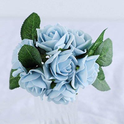 24 Roses | 2inch Dusty Blue Artificial Foam Rose With Stem And Leaves - 16 Colors