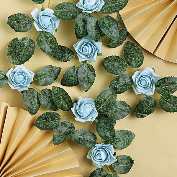 24 Roses | 2inch Dusty Blue Artificial Foam Rose With Stem And Leaves - 16 Colors