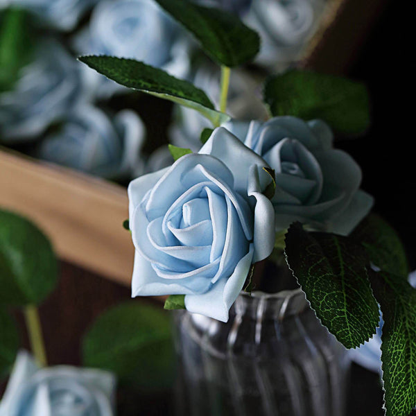 24 Roses | 2inch Dusty Blue Artificial Foam Rose With Stem And Leaves - 16 Colors