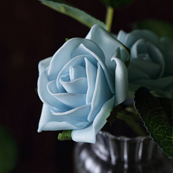 24 Roses | 2inch Dusty Blue Artificial Foam Rose With Stem And Leaves - 16 Colors