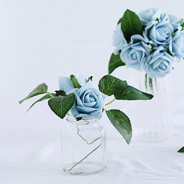 24 Roses | 2inch Dusty Blue Artificial Foam Rose With Stem And Leaves - 16 Colors