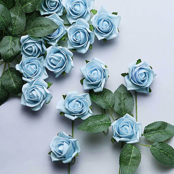 24 Roses | 2inch Dusty Blue Artificial Foam Rose With Stem And Leaves - 16 Colors