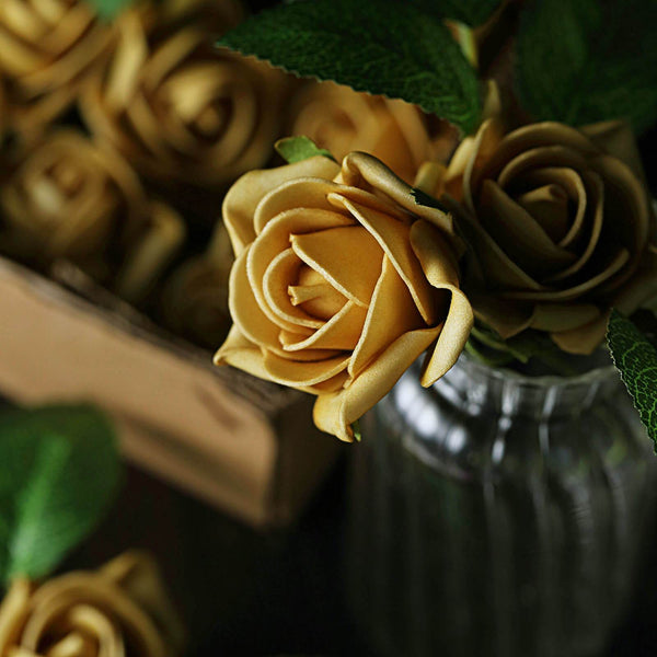 24 Roses | 2inch Artificial Foam Rose With Stem And Leaves - 16 Colors