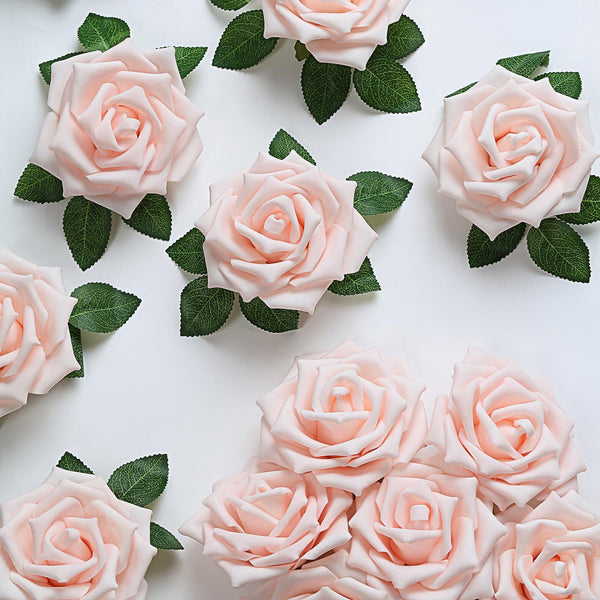 24 Roses 5inch Rose Gold/Blush Artificial Foam Rose With Stems And Leaves 16 Colors