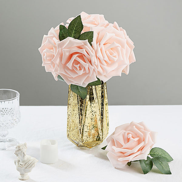 24 Roses 5inch Rose Gold/Blush Artificial Foam Rose With Stems And Leaves 16 Colors