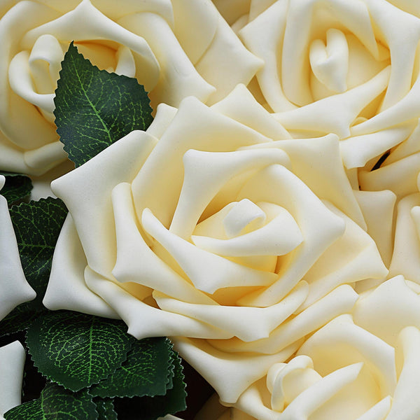 24 Roses 5inch Cream Artificial Foam Rose With Stems And Leaves 16 Colors