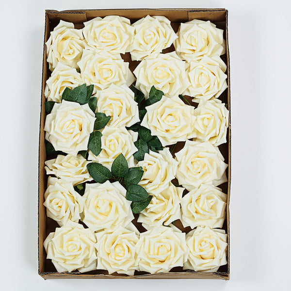 24 Roses 5inch Cream Artificial Foam Rose With Stems And Leaves 16 Colors