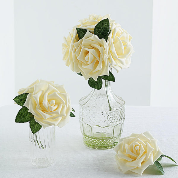 24 Roses 5inch Cream Artificial Foam Rose With Stems And Leaves 16 Colors