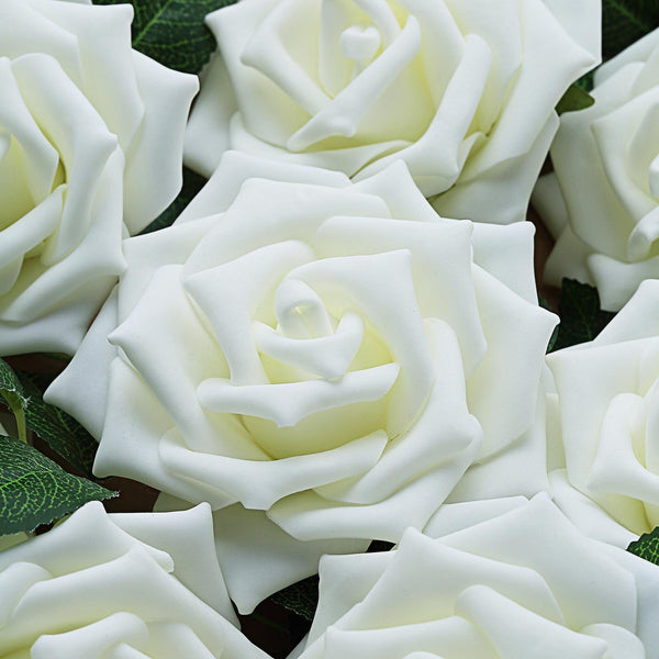 24 Roses 5inch Ivory Artificial Foam Rose With Stems And Leaves 16 Colors