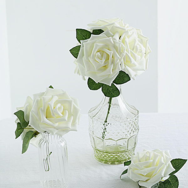 24 Roses 5inch Ivory Artificial Foam Rose With Stems And Leaves 16 Colors