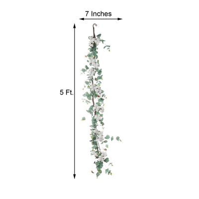 5 Feet | Green Artificial Eucalyptus Leaves Garland with White Natural Cotton Balls