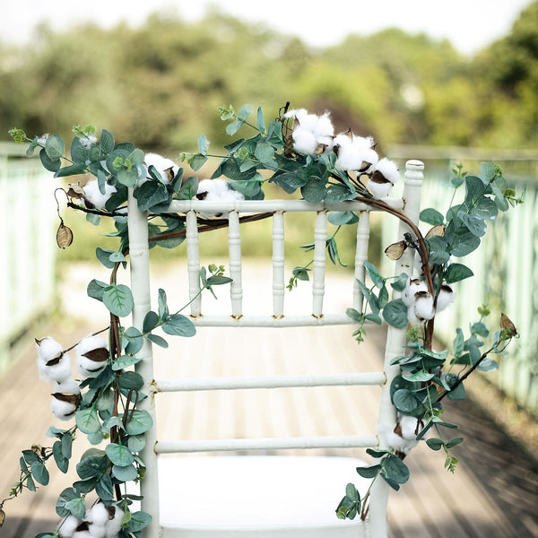 5 FT Green Artificial Eucalyptus Leaves Garland with White Natural Cotton Bolls