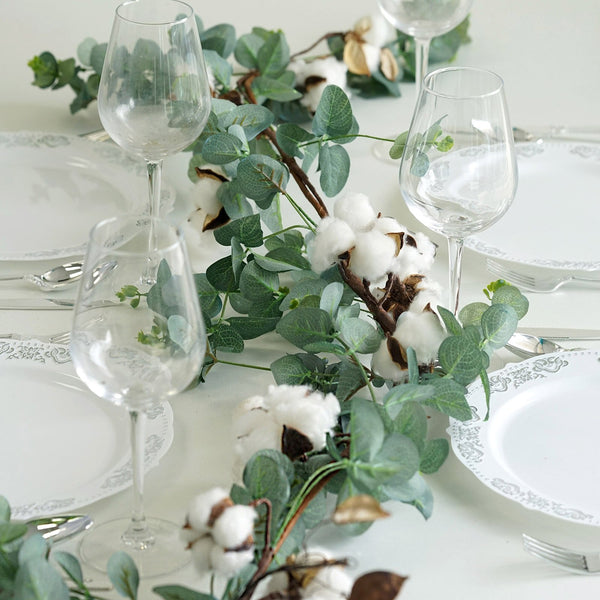5 FT Green Artificial Eucalyptus Leaves Garland with White Natural Cotton Bolls