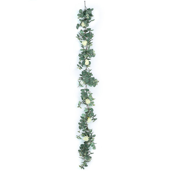 Frosted Green Faux Eucalyptus Garland, White Rose Flowers, Flower Garland Backdrop Decor