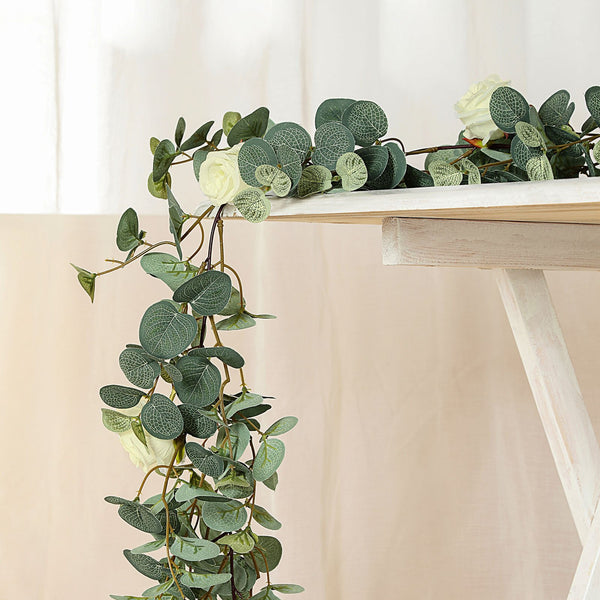 Frosted Green Faux Eucalyptus Garland, White Rose Flowers, Flower Garland Backdrop Decor