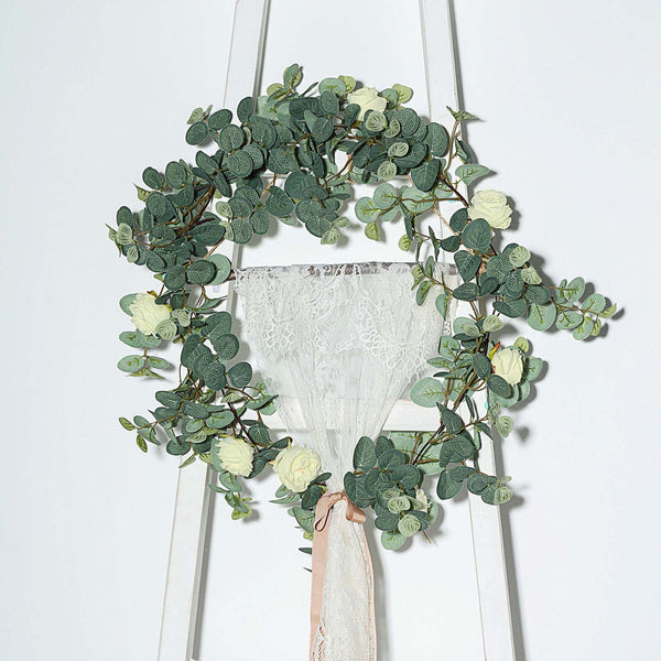 Frosted Green Faux Eucalyptus Garland, White Rose Flowers, Flower Garland Backdrop Decor