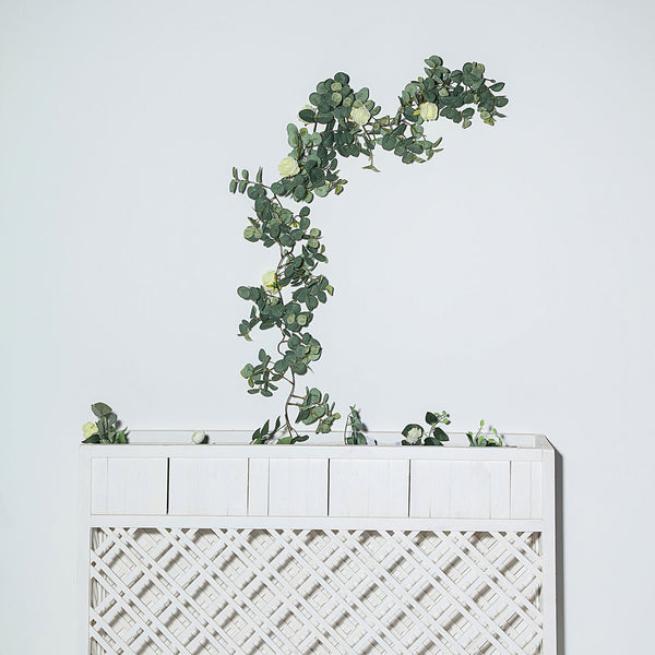 Frosted Green Faux Eucalyptus Garland, White Rose Flowers, Flower Garland Backdrop Decor