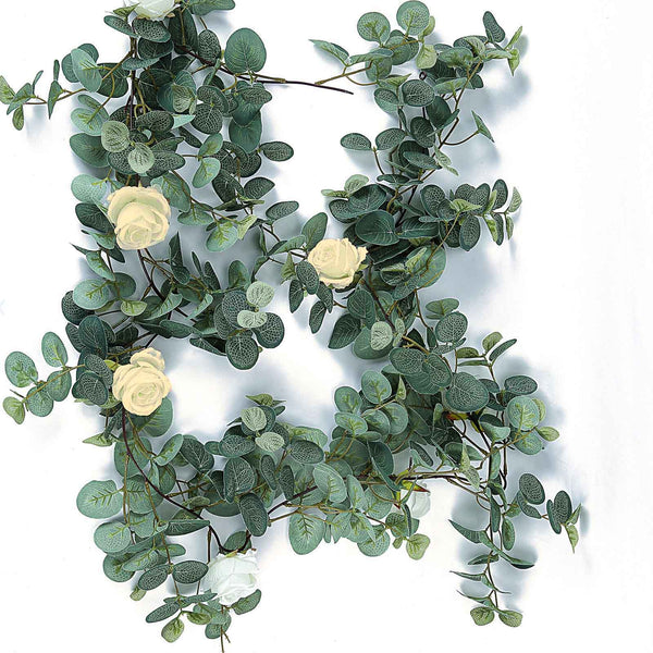 Frosted Green Faux Eucalyptus Garland, White Rose Flowers, Flower Garland Backdrop Decor