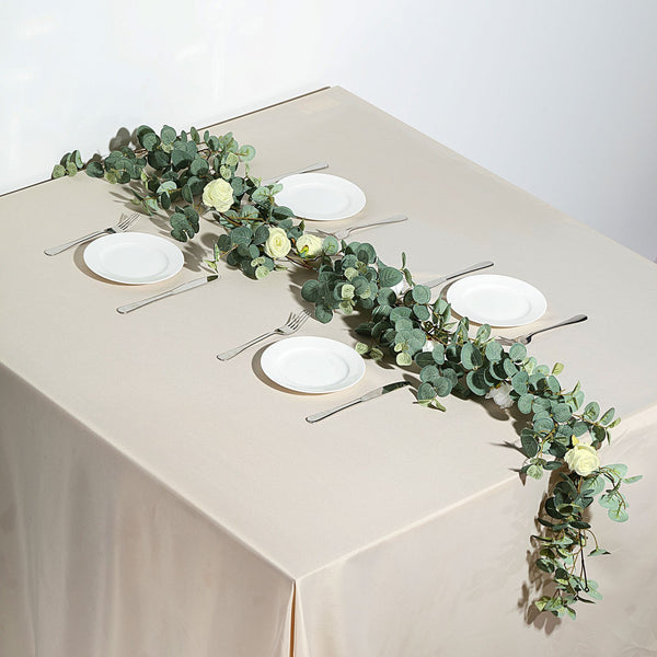 6 Feet | Faux Eucalyptus Garland With 8 Ivory Roses | Silk Flowers Factory