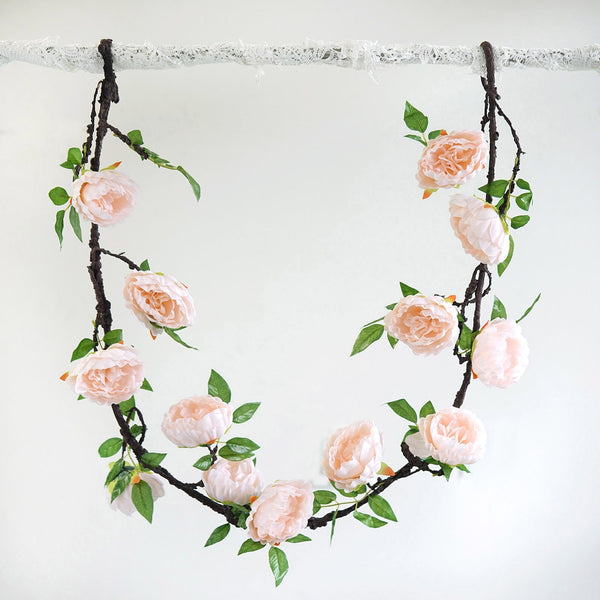 6 ft | Blush | Silk Peony Garland | Bendable Wire Vines | Artificial Flower Garlands with Leaves