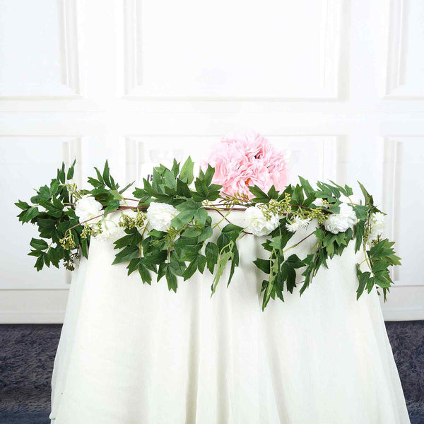 6 ft | White | 7 Flowers | Silk Peony Garland | Bendable Wire Vines | Artificial Flower Garlands with Seeds and Leaves