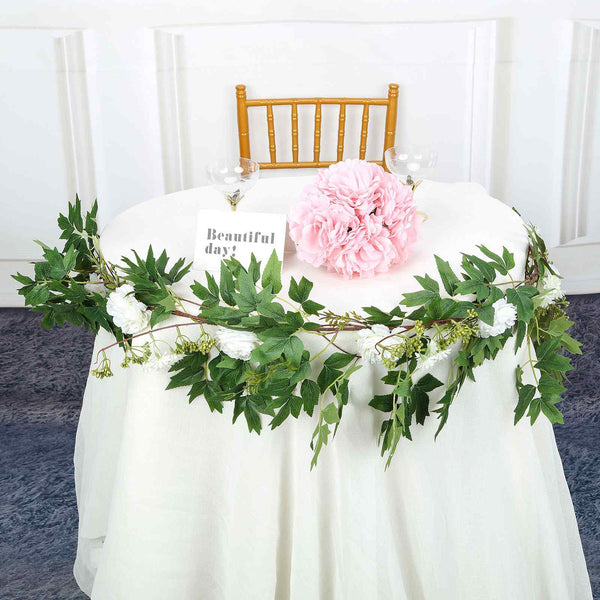 6 ft | White | 7 Flowers | Silk Peony Garland | Bendable Wire Vines | Artificial Flower Garlands with Seeds and Leaves