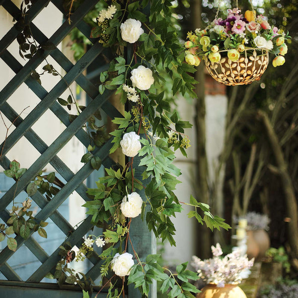 6 ft | White | 7 Flowers | Silk Peony Garland | Bendable Wire Vines | Artificial Flower Garlands with Seeds and Leaves