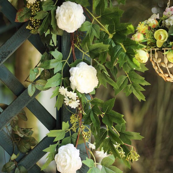 6 ft | White | 7 Flowers | Silk Peony Garland | Bendable Wire Vines | Artificial Flower Garlands with Seeds and Leaves