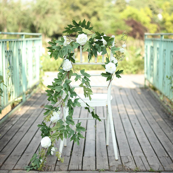 6 ft | White | 7 Flowers | Silk Peony Garland | Bendable Wire Vines | Artificial Flower Garlands with Seeds and Leaves