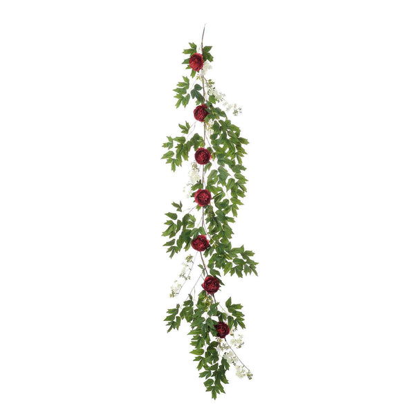 6 ft | Burgundy | 7 Flowers | Silk Peony Garland | Bendable Wire Vines | Artificial Flower Garlands with Seeds and Leaves
