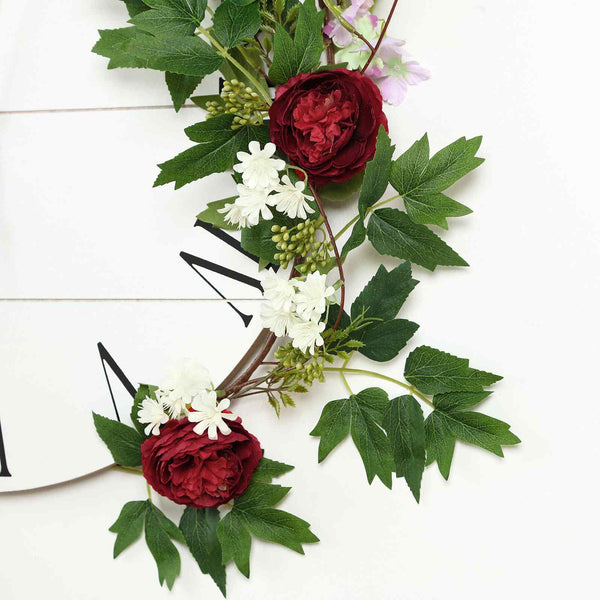 6 ft | Burgundy | 7 Flowers | Silk Peony Garland | Bendable Wire Vines | Artificial Flower Garlands with Seeds and Leaves
