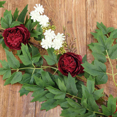 6 ft | Burgundy | 7 Flowers | Silk Peony Garland | Bendable Wire Vines | Artificial Flower Garlands with Seeds and Leaves