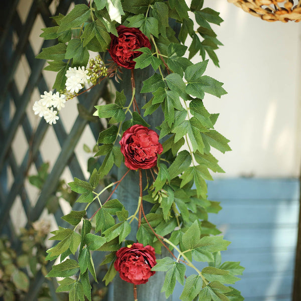 6 ft | Burgundy | 7 Flowers | Silk Peony Garland | Bendable Wire Vines | Artificial Flower Garlands with Seeds and Leaves