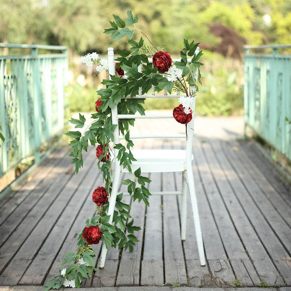 6 ft | Burgundy | 7 Flowers | Silk Peony Garland | Bendable Wire Vines | Artificial Flower Garlands with Seeds and Leaves