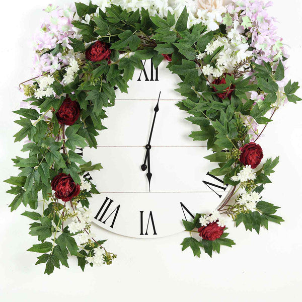 6 ft | Burgundy | 7 Flowers | Silk Peony Garland | Bendable Wire Vines | Artificial Flower Garlands with Seeds and Leaves